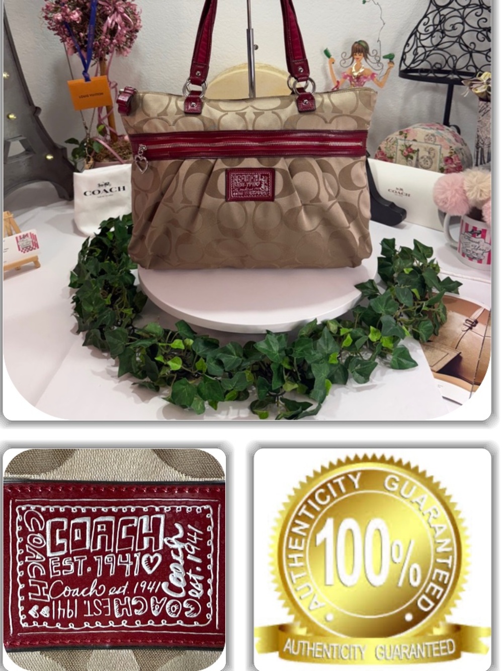 COUTURE COACH POPPY RED HANDLES MONO TOTE/SHOULDER  HANDBAG!